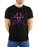 Fierce Neon Tiger Claw Graphic Tee for Men and Women - model wearing black tee with hands behind back