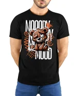 Moody Teddy Bear Graphic Tee for Cool Vibes - model wearing black tee with hands behind back