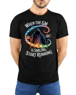 When the GM Is Smiling Funny RPG Gamer Tee - model wearing black tee with hands behind back