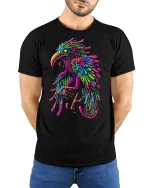 Neon Bird Splash Art Graphic Tee for Men and Women - model wearing black tee with hands behind back