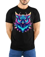 Neon Owl Glow Art Graphic Tee for Night Lovers - model wearing black tee with hands behind back