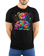 Trippy Rainbow Teddy Bear Graphic Tee Unisex - model wearing black tee with hands behind back