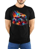 Flaming Monster Truck Neon Graphic Tee Unisex - model wearing black tee with hands behind back