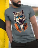 Cool Wolf Sunglasses Graphic Tee for Men - model wearing grey tee, leaning on column