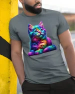 Rainbow Neon Cat Art Graphic Tee for Cat Lovers - model wearing grey tee, leaning on column