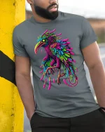 Neon Bird Splash Art Graphic Tee for Men and Women - model wearing grey tee, leaning on column