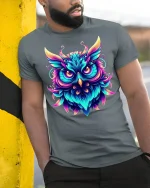 Neon Owl Glow Art Graphic Tee for Night Lovers - model wearing grey tee, leaning on column