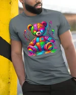 Trippy Rainbow Teddy Bear Graphic Tee Unisex - model wearing grey tee, leaning on column