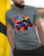 Flaming Monster Truck Neon Graphic Tee Unisex - model wearing grey tee, leaning on column
