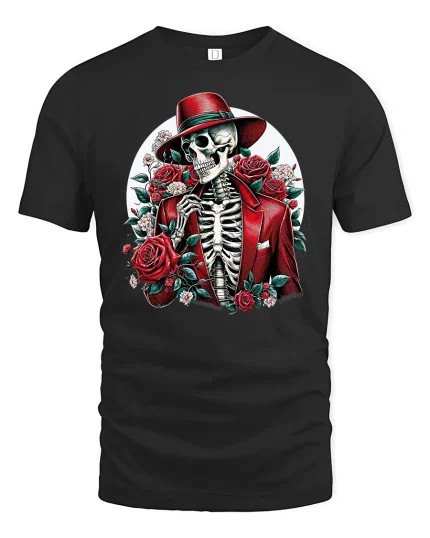 Dapper Skeleton in Red Roses Graphic Tee Unisex - black t-shirt on white background