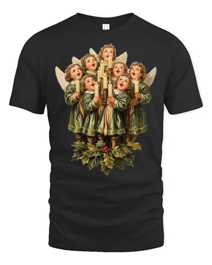 Vintage Christmas Angels Choir Singing Graphic Tee - black t-shirt on white background