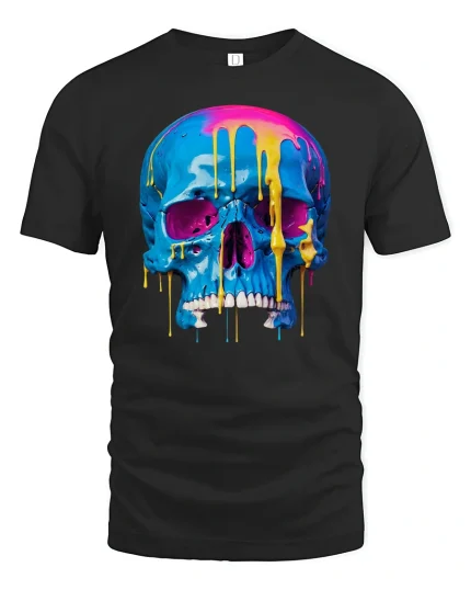 Neon Melt Skull Graphic Tee for Streetwear Style - black t-shirt on white background