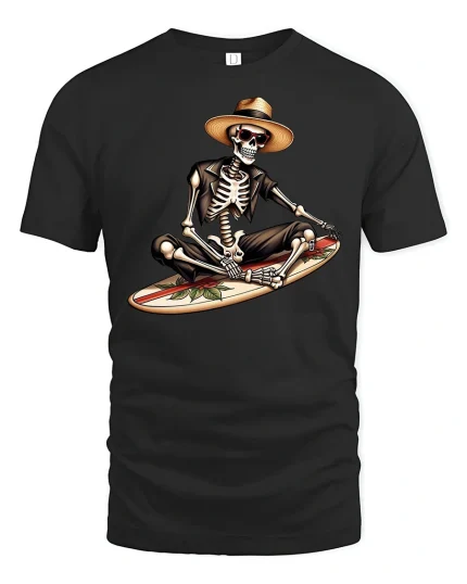 Chill Skeleton Surfer Graphic Tee for Beach Lovers - black t-shirt on white background