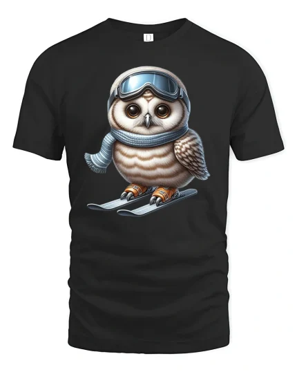 Funny Ski Owl Winter Sport Graphic Tee Unisex - black t-shirt on white background