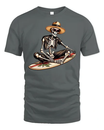 Chill Skeleton Surfer Graphic Tee for Beach Lovers - gray t-shirt on white background