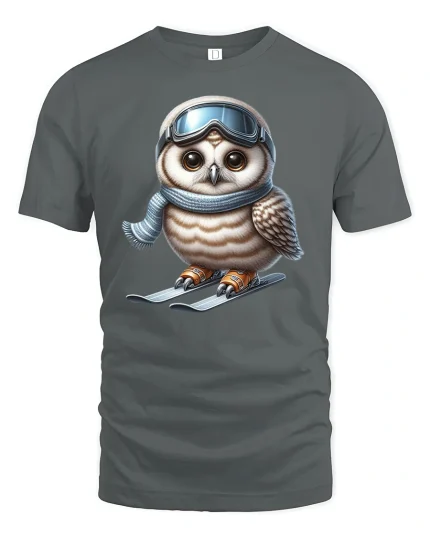 Funny Ski Owl Winter Sport Graphic Tee Unisex - gray t-shirt on white background