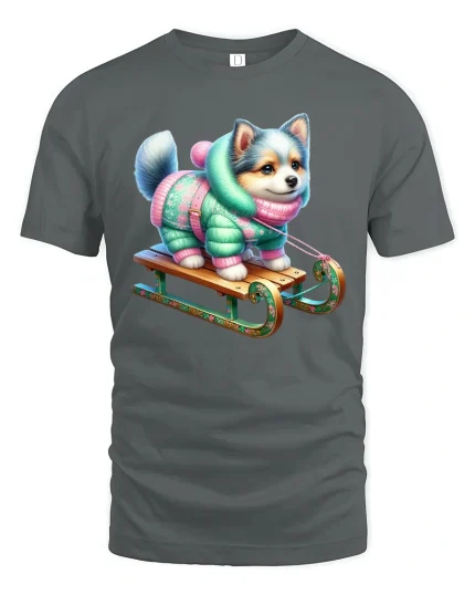 Cute Winter Dog Sled Ride Graphic Tee Unisex - gray t-shirt on white background