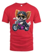 Cool Biker Dog Riding Motorcycle Funny Graphic Tee - red t-shirt on white background