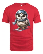 Funny Ski Owl Winter Sport Graphic Tee Unisex - red t-shirt on white background