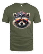 Cool Raccoon Sunglasses Graphic Tee for Men and Women - military green t-shirt on white background