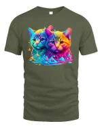 Neon Twin Cats Color Splash Graphic Tee Unisex - military green t-shirt on white background