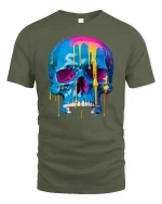 Neon Melt Skull Graphic Tee for Streetwear Style - military green t-shirt on white background