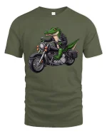 Cool Biker Alligator Motorcycle Graphic Tee - military green t-shirt on white background