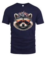 Cool Raccoon Sunglasses Graphic Tee for Men and Women - navy t-shirt on white background