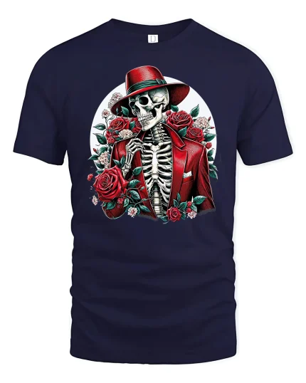 Dapper Skeleton in Red Roses Graphic Tee Unisex - navy t-shirt on white background