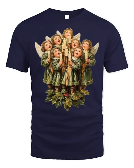 Vintage Christmas Angels Choir Singing Graphic Tee - navy t-shirt on white background