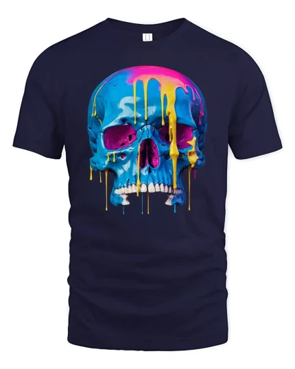 Neon Melt Skull Graphic Tee for Streetwear Style - navy t-shirt on white background