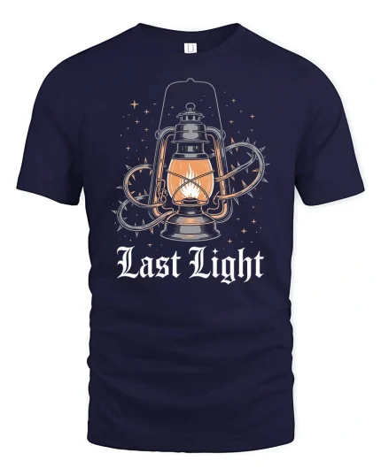 Last Light Lantern Art Graphic Tee Vintage Style - navy t-shirt on white background