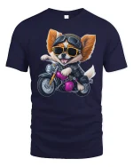 Cool Biker Dog Riding Motorcycle Funny Graphic Tee - navy t-shirt on white background