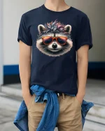 Cool Raccoon Sunglasses Graphic Tee for Men and Women - model wearing navy tee with hands in pockets