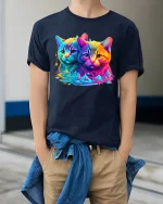 Neon Twin Cats Color Splash Graphic Tee Unisex - model wearing navy tee with hands in pockets