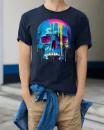Neon Melt Skull Graphic Tee for Streetwear Style - model wearing navy tee with hands in pockets