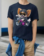 Cool Biker Dog Riding Motorcycle Funny Graphic Tee - model wearing navy tee with hands in pockets