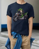 Cool Biker Alligator Motorcycle Graphic Tee - model wearing navy tee with hands in pockets