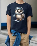 Funny Ski Owl Winter Sport Graphic Tee Unisex - model wearing navy tee with hands in pockets