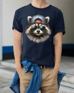 Cool Raccoon Sunglasses and Cap Graphic Tee Unisex - model wearing navy tee with hands in pockets