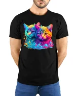 Neon Twin Cats Color Splash Graphic Tee Unisex - model wearing black tee with hands behind back