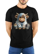 Cozy Highland Cow Wrapped in Blanket Cute Tee Unisex - model wearing black tee with hands behind back
