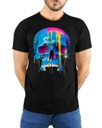 Neon Melt Skull Graphic Tee for Streetwear Style - model wearing black tee with hands behind back