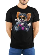 Cool Biker Dog Riding Motorcycle Funny Graphic Tee - model wearing black tee with hands behind back