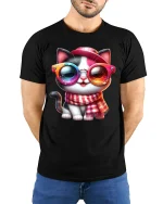 Cool Cat Sunglasses Graphic Tee for Cat Lovers - model wearing black tee with hands behind back