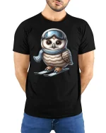 Funny Ski Owl Winter Sport Graphic Tee Unisex - model wearing black tee with hands behind back