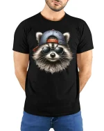 Cool Raccoon Sunglasses and Cap Graphic Tee Unisex - model wearing black tee with hands behind back