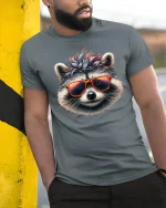 Cool Raccoon Sunglasses Graphic Tee for Men and Women - model wearing grey tee, leaning on column