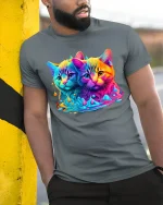Neon Twin Cats Color Splash Graphic Tee Unisex - model wearing grey tee, leaning on column