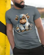 Cozy Highland Cow Wrapped in Blanket Cute Tee Unisex - model wearing grey tee, leaning on column